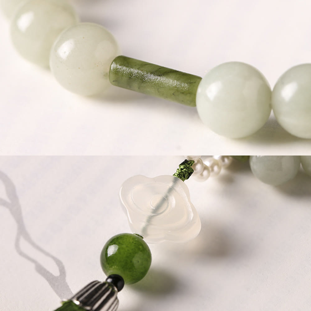 Nimara Ritual Green Jade Beads Pearl Prosperity Tassels Wrist Mala