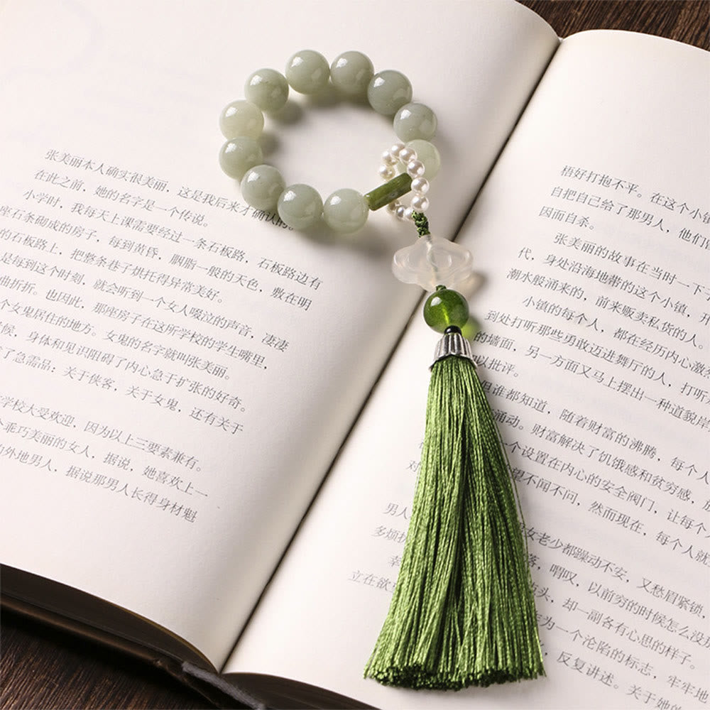 Nimara Ritual Green Jade Beads Pearl Prosperity Tassels Wrist Mala