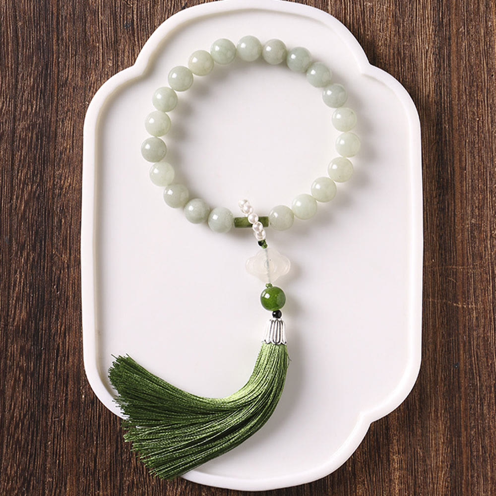 Nimara Ritual Green Jade Beads Pearl Prosperity Tassels Wrist Mala