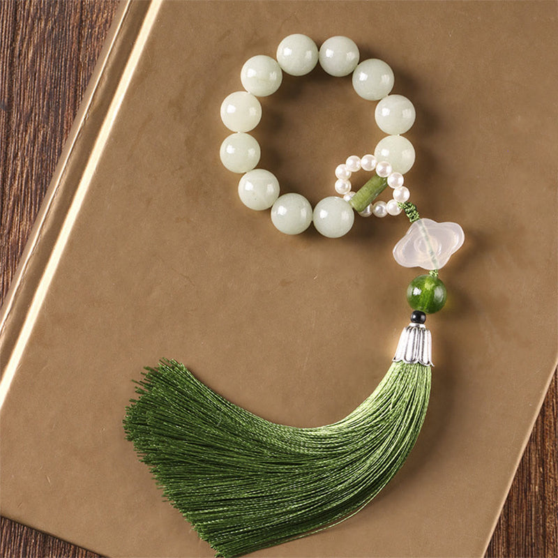 Nimara Ritual Green Jade Beads Pearl Prosperity Tassels Wrist Mala