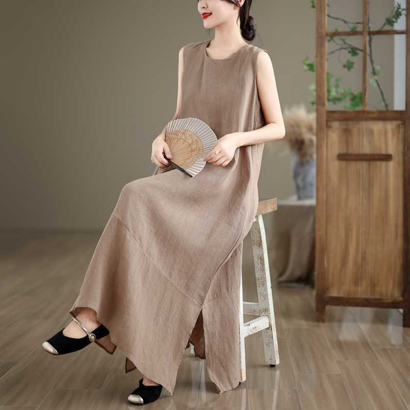 Nimara Ritual Spring Plain Irregular Sleeveless Midi Dress With Pockets