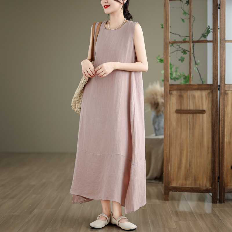 Nimara Ritual Spring Plain Irregular Sleeveless Midi Dress With Pockets