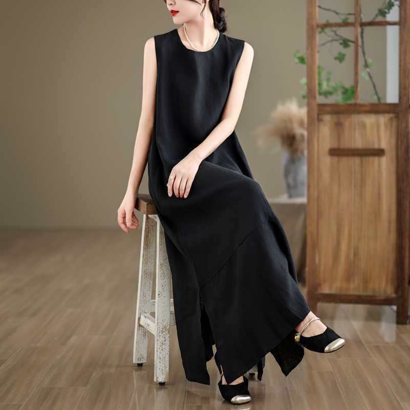 Nimara Ritual Spring Plain Irregular Sleeveless Midi Dress With Pockets