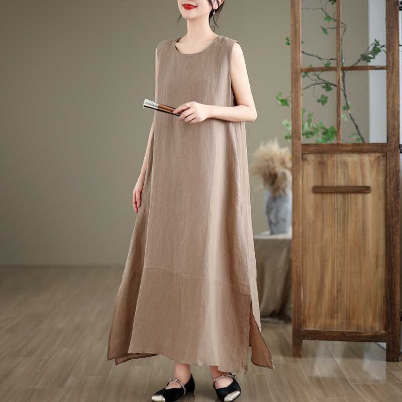 Nimara Ritual Spring Plain Irregular Sleeveless Midi Dress With Pockets