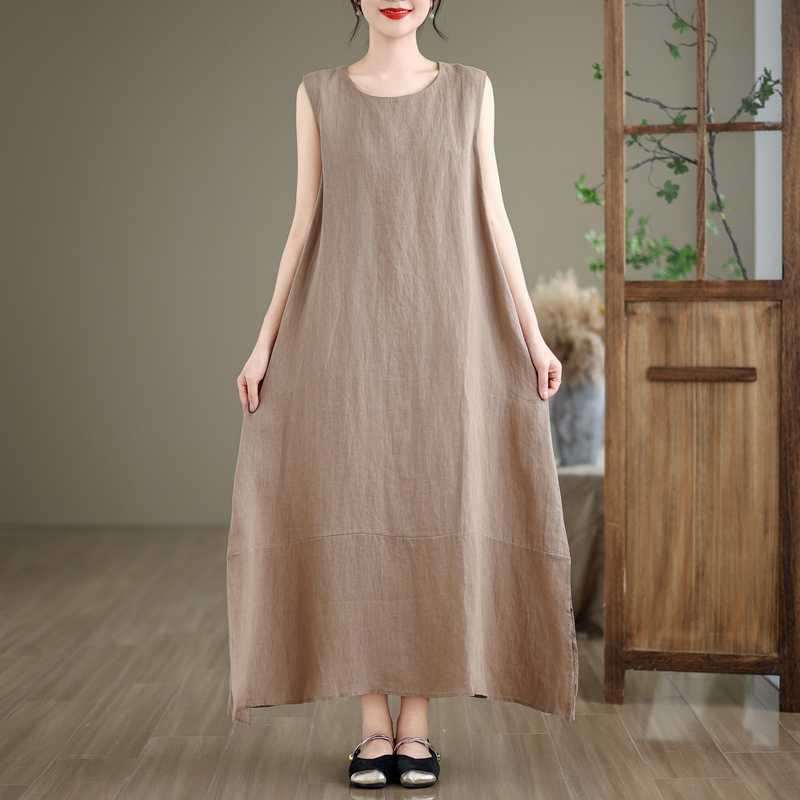 Nimara Ritual Spring Plain Irregular Sleeveless Midi Dress With Pockets