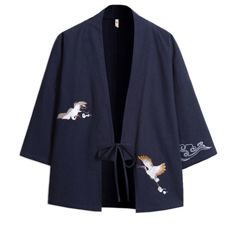 Nimara Ritual Embroidery Open Front Jacket Cotton Linen Men's Three Quarter Sleeve Kimono