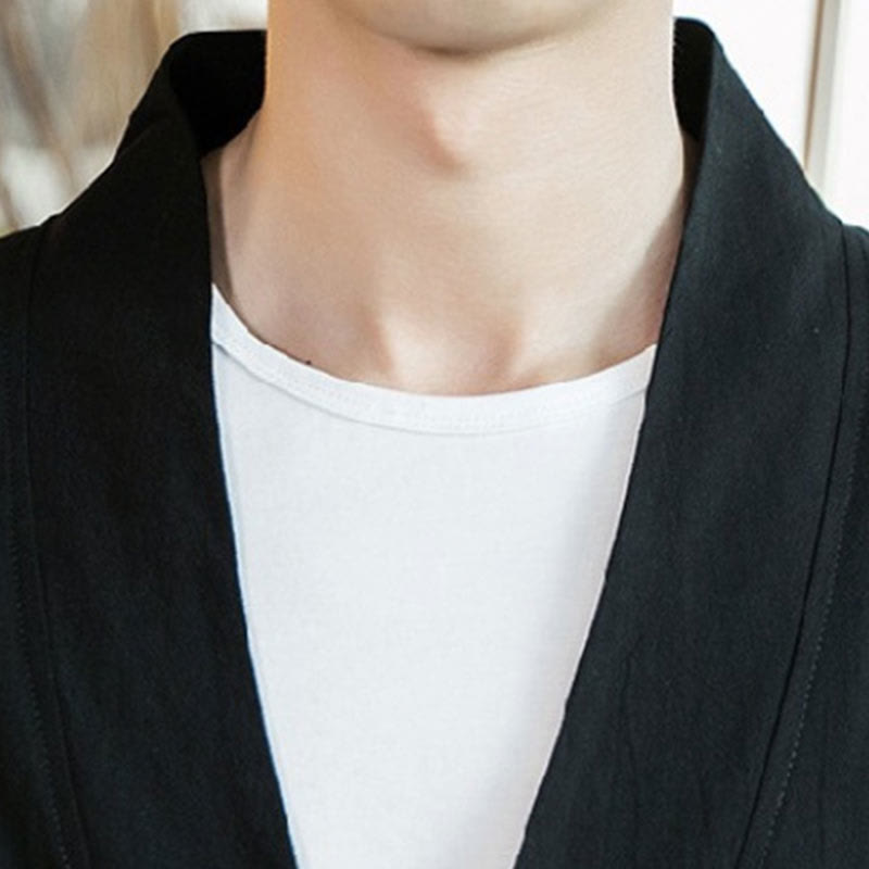 Nimara Ritual Embroidery Open Front Jacket Cotton Linen Men's Three Quarter Sleeve Kimono