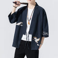 Nimara Ritual Embroidery Open Front Jacket Cotton Linen Men's Three Quarter Sleeve Kimono