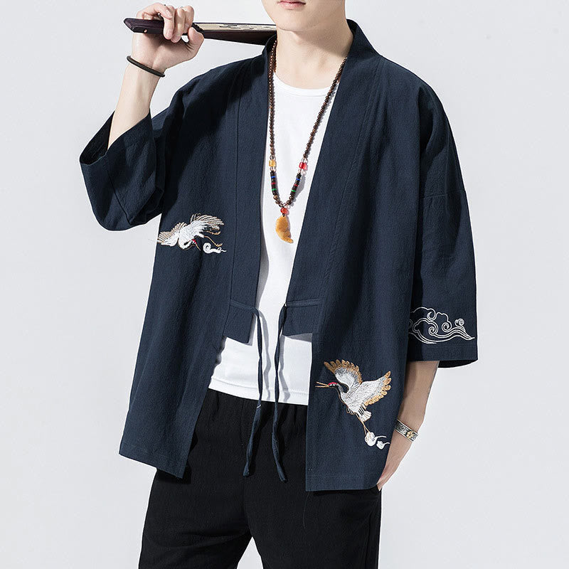 Nimara Ritual Embroidery Open Front Jacket Cotton Linen Men's Three Quarter Sleeve Kimono