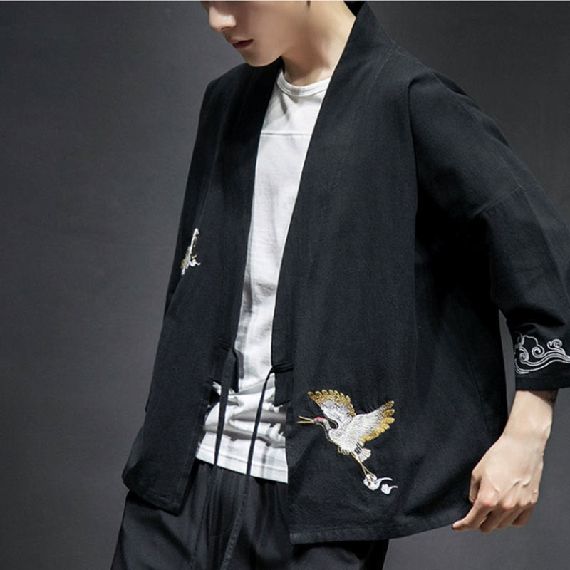 Nimara Ritual Embroidery Open Front Jacket Cotton Linen Men's Three Quarter Sleeve Kimono