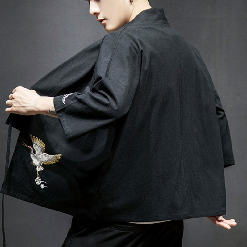 Nimara Ritual Embroidery Open Front Jacket Cotton Linen Men's Three Quarter Sleeve Kimono