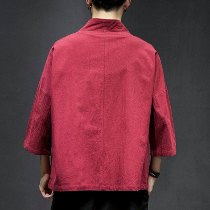 Nimara Ritual Embroidery Open Front Jacket Cotton Linen Men's Three Quarter Sleeve Kimono