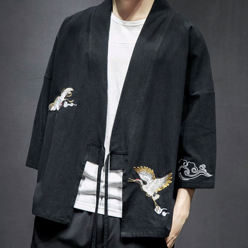 Nimara Ritual Embroidery Open Front Jacket Cotton Linen Men's Three Quarter Sleeve Kimono