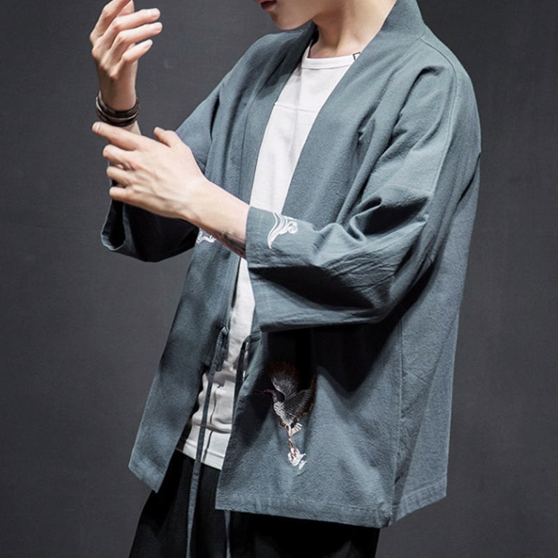 Nimara Ritual Embroidery Open Front Jacket Cotton Linen Men's Three Quarter Sleeve Kimono