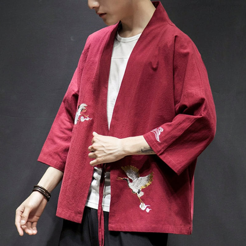 Nimara Ritual Embroidery Open Front Jacket Cotton Linen Men's Three Quarter Sleeve Kimono