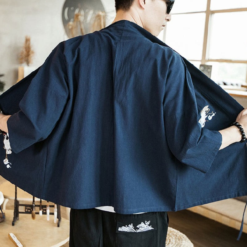 Nimara Ritual Embroidery Open Front Jacket Cotton Linen Men's Three Quarter Sleeve Kimono