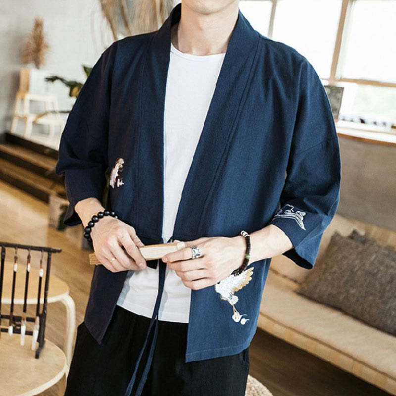 Nimara Ritual Embroidery Open Front Jacket Cotton Linen Men's Three Quarter Sleeve Kimono