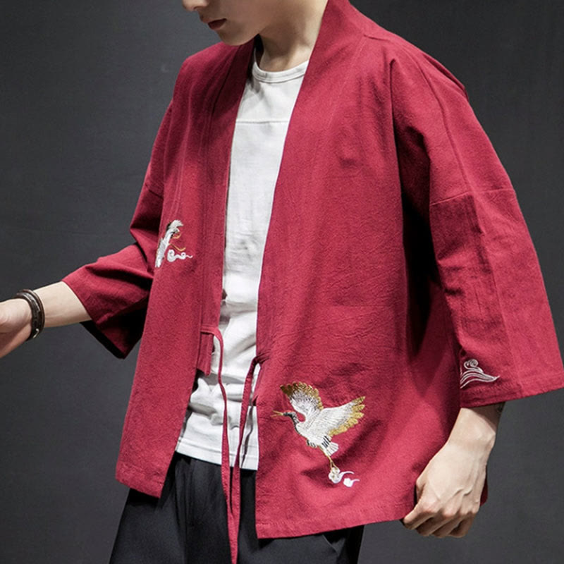 Nimara Ritual Embroidery Open Front Jacket Cotton Linen Men's Three Quarter Sleeve Kimono
