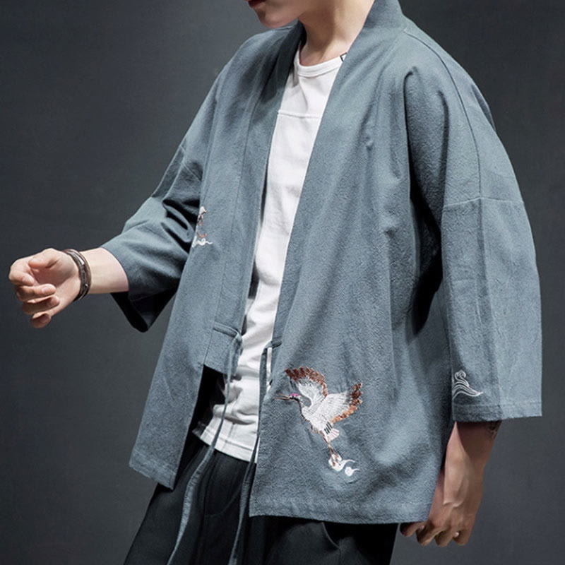 Nimara Ritual Embroidery Open Front Jacket Cotton Linen Men's Three Quarter Sleeve Kimono