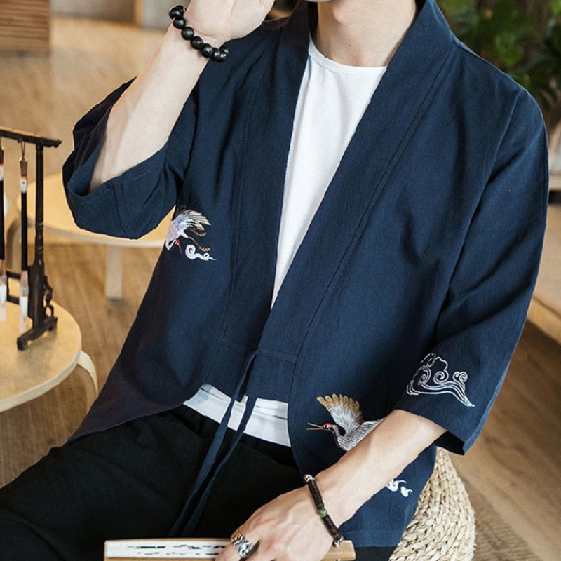 Nimara Ritual Embroidery Open Front Jacket Cotton Linen Men's Three Quarter Sleeve Kimono