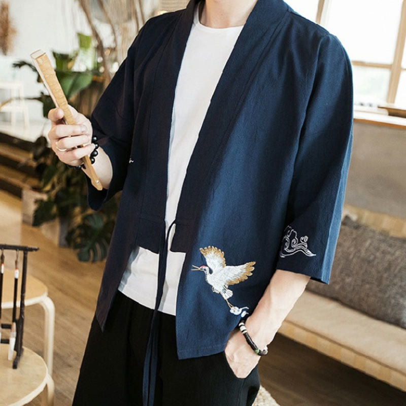 Nimara Ritual Embroidery Open Front Jacket Cotton Linen Men's Three Quarter Sleeve Kimono