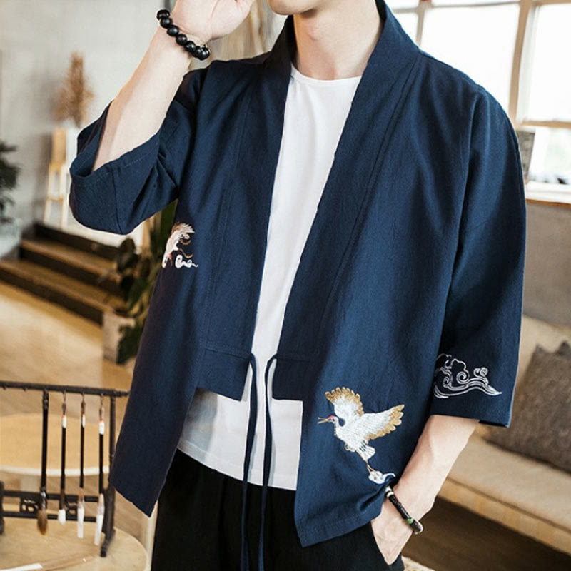 Nimara Ritual Embroidery Open Front Jacket Cotton Linen Men's Three Quarter Sleeve Kimono