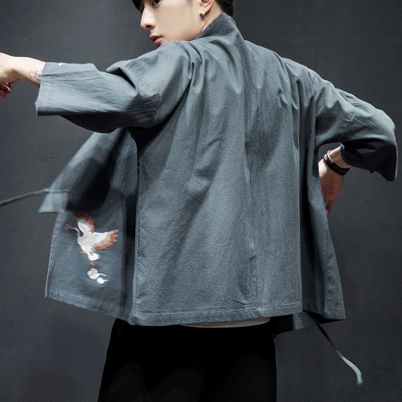Nimara Ritual Embroidery Open Front Jacket Cotton Linen Men's Three Quarter Sleeve Kimono