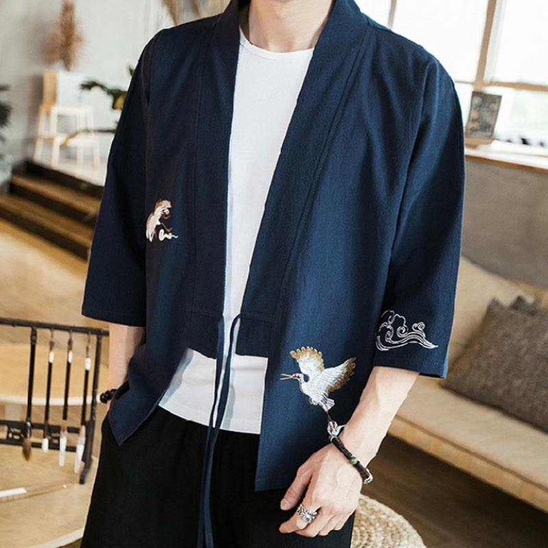 Nimara Ritual Embroidery Open Front Jacket Cotton Linen Men's Three Quarter Sleeve Kimono