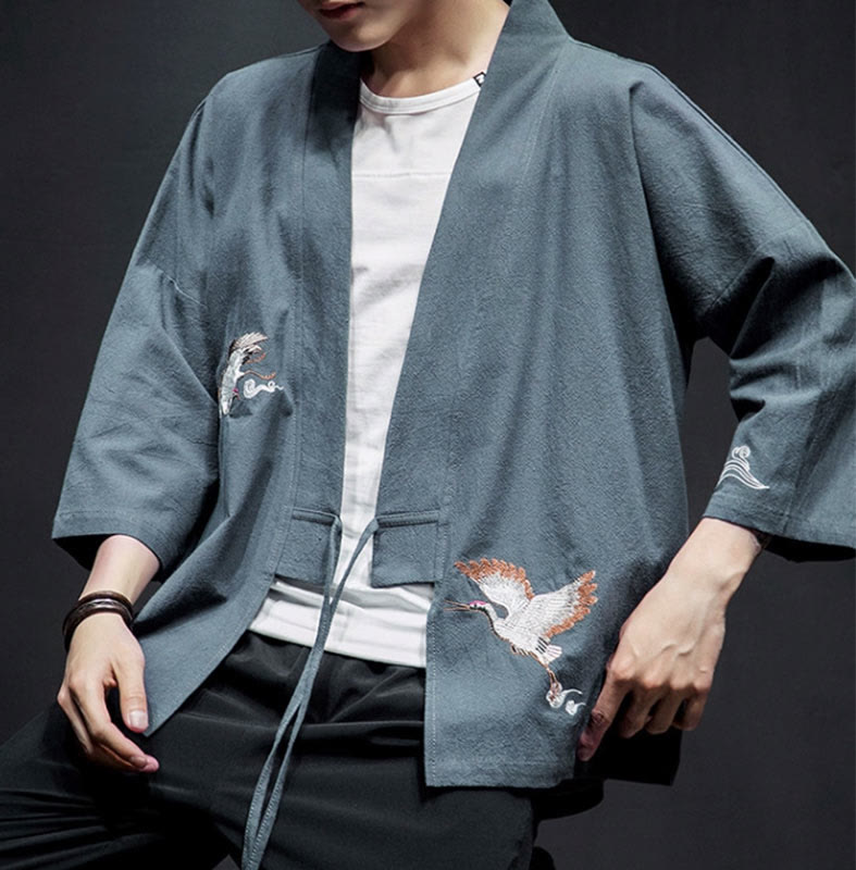 Nimara Ritual Embroidery Open Front Jacket Cotton Linen Men's Three Quarter Sleeve Kimono
