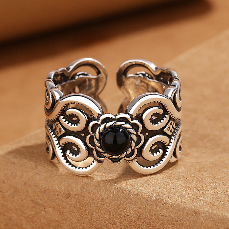 Nimara Ritual Black Onyx Copper Mongolian Pattern Adjustable Fortune Ring