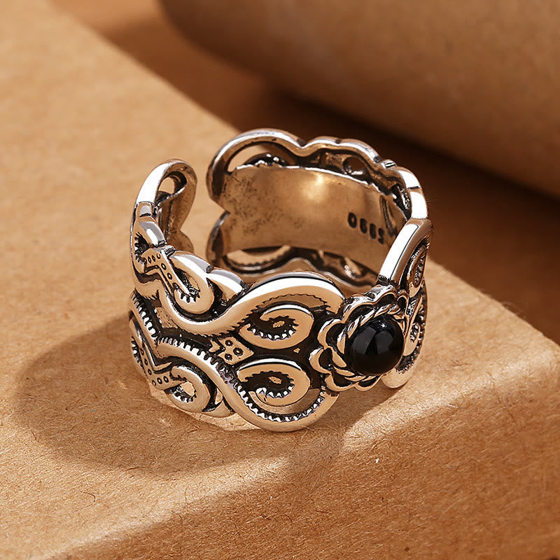 Nimara Ritual Black Onyx Copper Mongolian Pattern Adjustable Fortune Ring