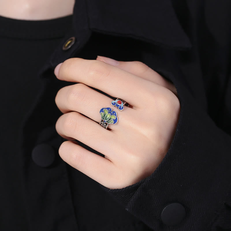 Nimara Ritual Lotus Flower Copper Coins Ruyi Handle Pattern Enlightenment Adjustable Ring