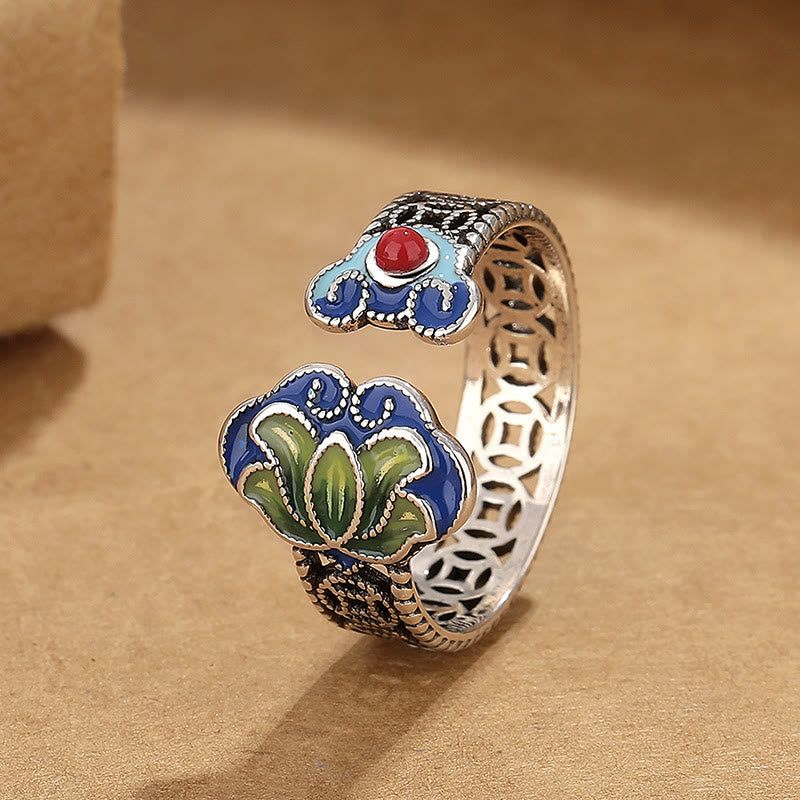 Nimara Ritual Lotus Flower Copper Coins Ruyi Handle Pattern Enlightenment Adjustable Ring