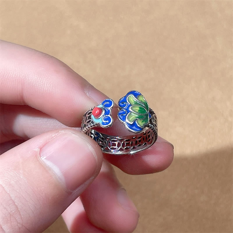 Nimara Ritual Lotus Flower Copper Coins Ruyi Handle Pattern Enlightenment Adjustable Ring