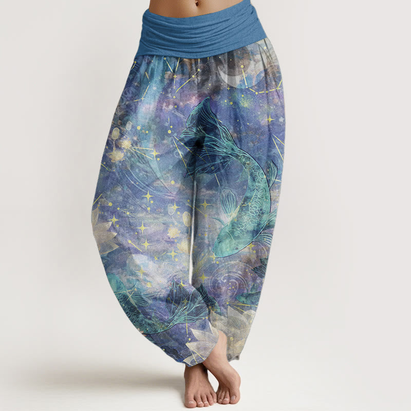 Nimara Ritual Pure Cotton Koi Fish Lotus Moon Stars Pattern Women's Elastic Waist Harem Pants