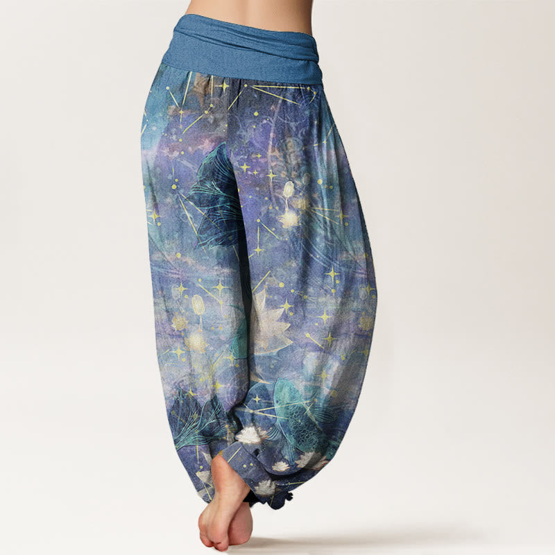 Nimara Ritual Pure Cotton Koi Fish Lotus Moon Stars Pattern Women's Elastic Waist Harem Pants