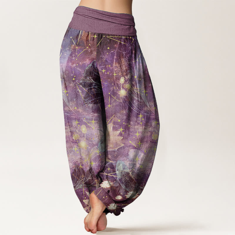 Nimara Ritual Pure Cotton Koi Fish Lotus Moon Stars Pattern Women's Elastic Waist Harem Pants