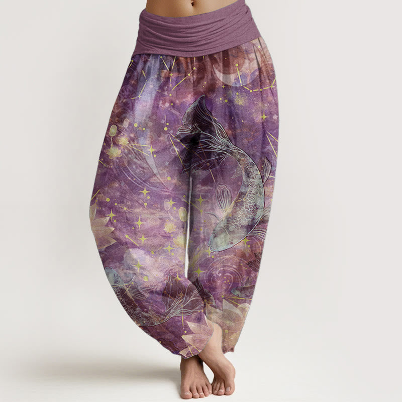 Nimara Ritual Pure Cotton Koi Fish Lotus Moon Stars Pattern Women's Elastic Waist Harem Pants
