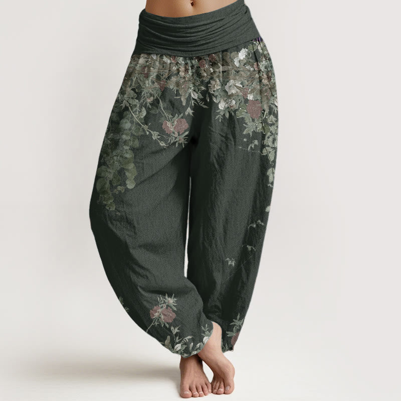 Nimara Ritual Pure Cotton Casual Red Peony Flower Vine Design Women's Elastic Waist Harem Pants