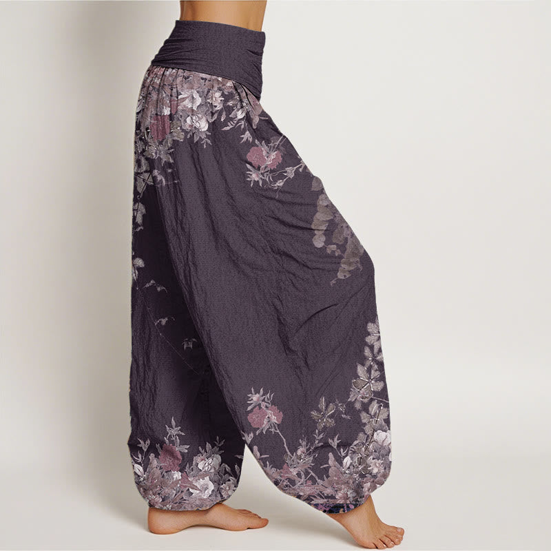 Nimara Ritual Pure Cotton Casual Red Peony Flower Vine Design Women's Elastic Waist Harem Pants