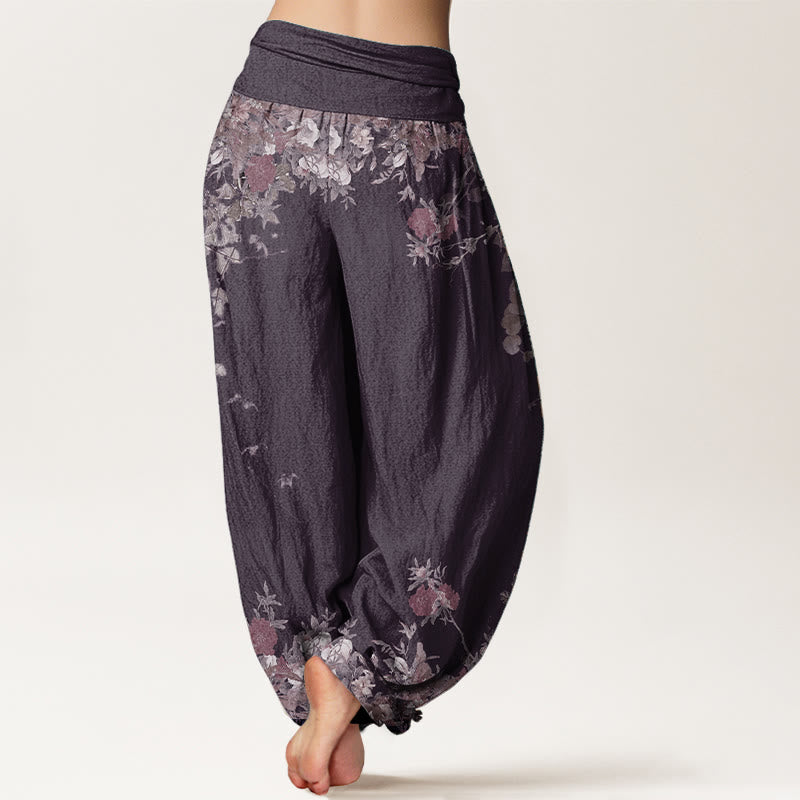 Nimara Ritual Pure Cotton Casual Red Peony Flower Vine Design Women's Elastic Waist Harem Pants