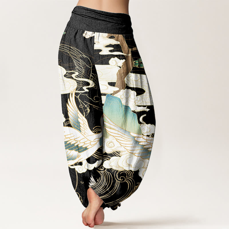 Nimara Ritual Pure Cotton Flying Cranes Auspicious Clouds Tree women's Elastic Waist Harem Pants