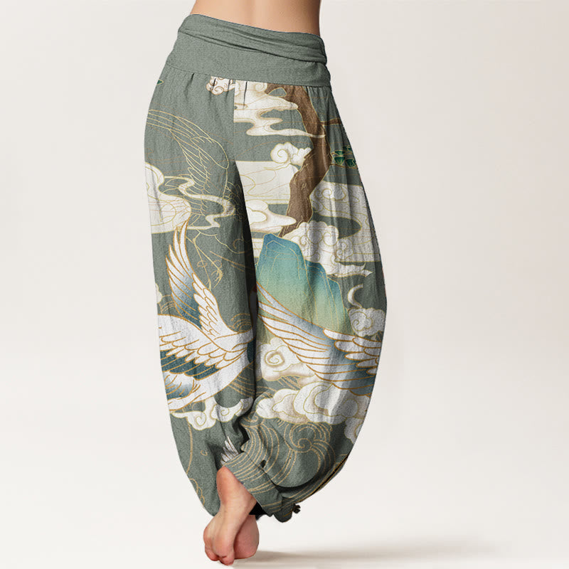 Nimara Ritual Pure Cotton Flying Cranes Auspicious Clouds Tree women's Elastic Waist Harem Pants