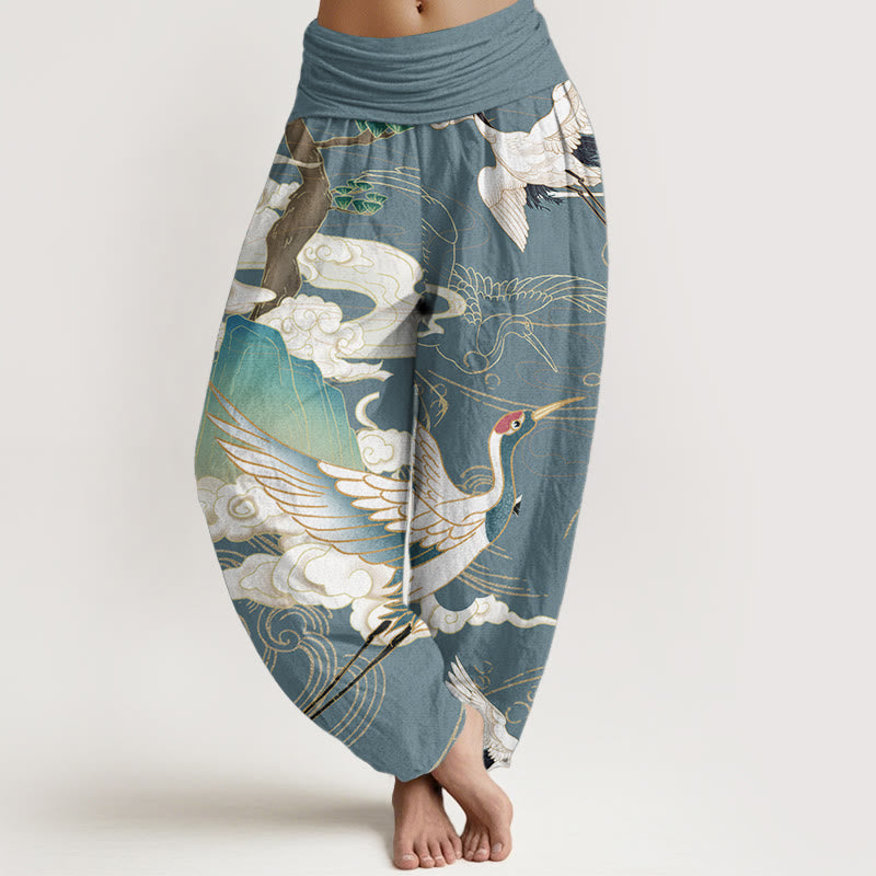 Nimara Ritual Pure Cotton Flying Cranes Auspicious Clouds Tree women's Elastic Waist Harem Pants