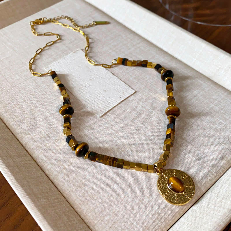 Nimara Ritual Natural Tiger Eye Square Protection Titanium Steel Necklace Pendant