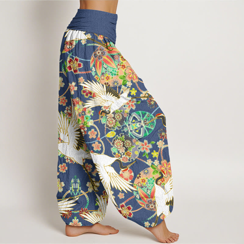 Nimara Ritual Cotton Casual Crane Floral Geometric Pattern Elastic Waist Women's Harem Pants