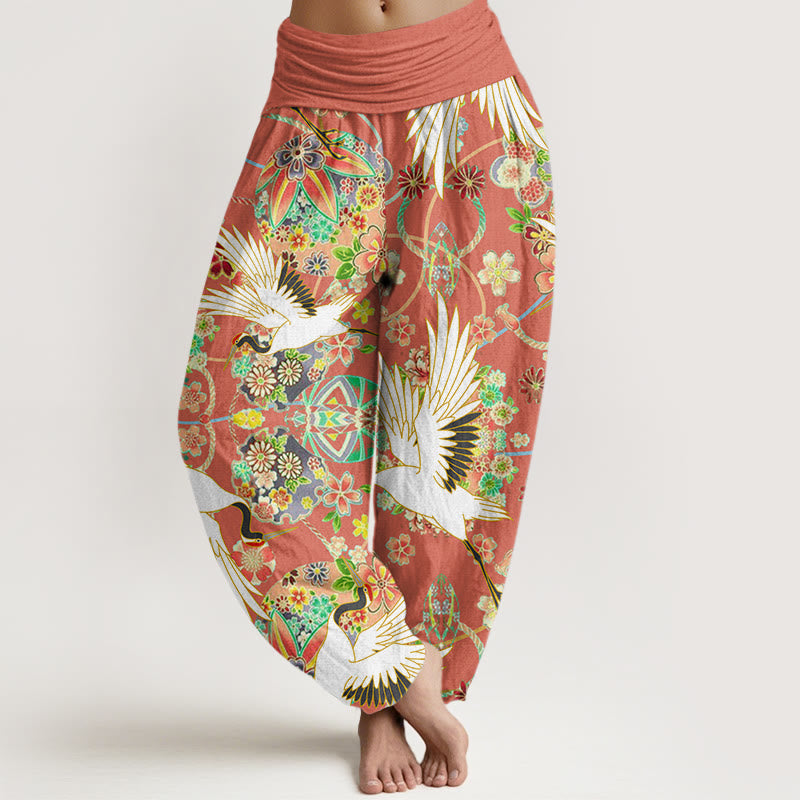 Nimara Ritual Cotton Casual Crane Floral Geometric Pattern Elastic Waist Women's Harem Pants