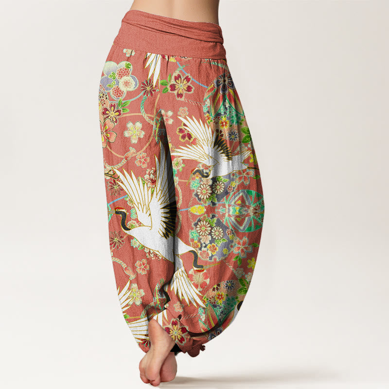 Nimara Ritual Cotton Casual Crane Floral Geometric Pattern Elastic Waist Women's Harem Pants