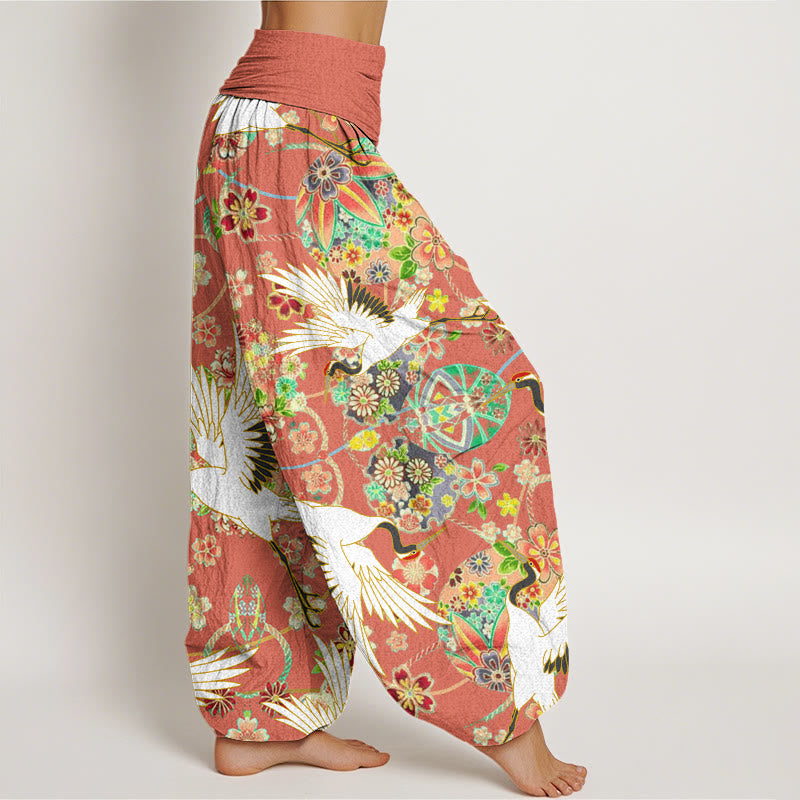 Nimara Ritual Cotton Casual Crane Floral Geometric Pattern Elastic Waist Women's Harem Pants