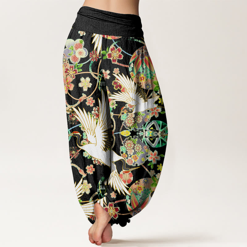 Nimara Ritual Cotton Casual Crane Floral Geometric Pattern Elastic Waist Women's Harem Pants
